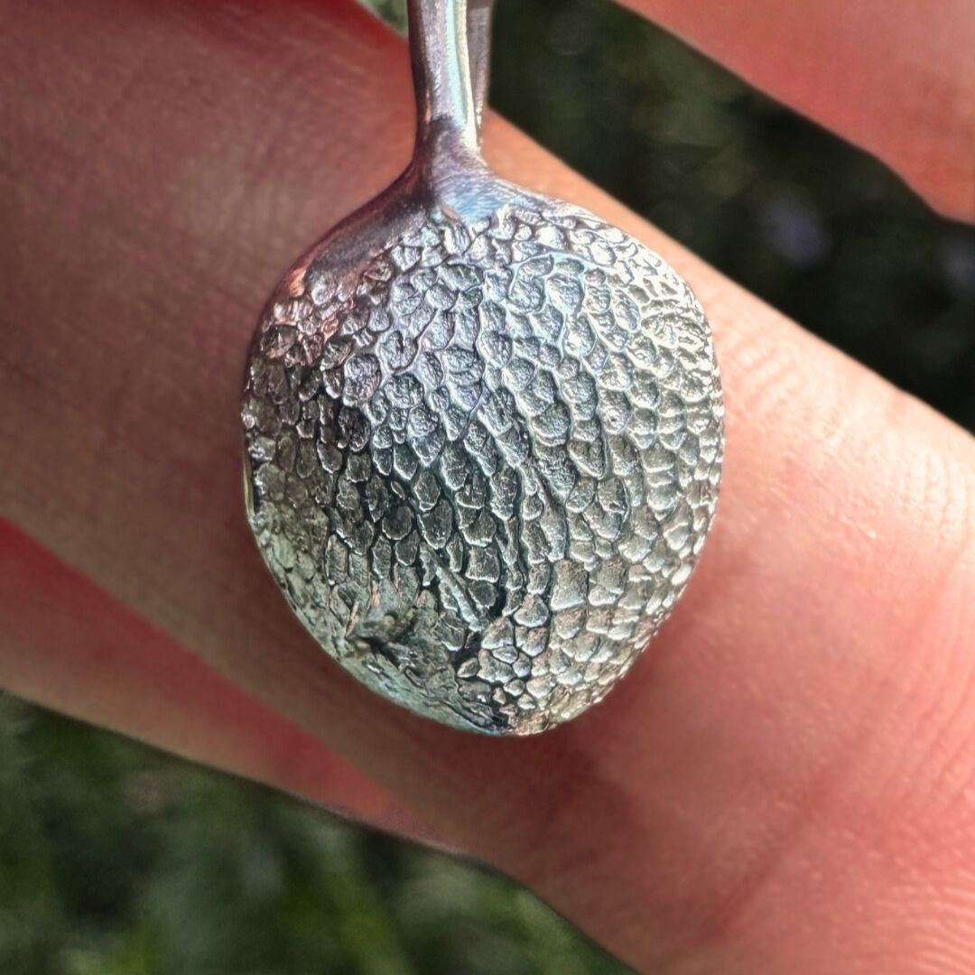 Silver paw print necklace on green leafy background