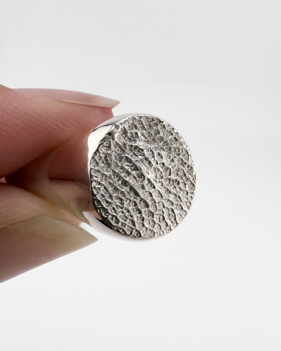 Close up of silver signet ring with dog's nose print impression