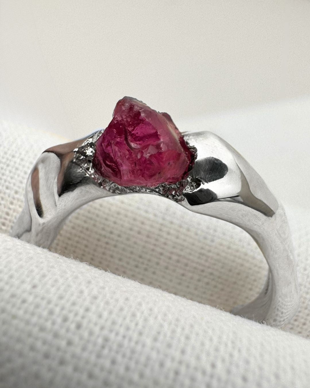 Jagged Carved Ring with Pink Sapphire – Sterling Silver