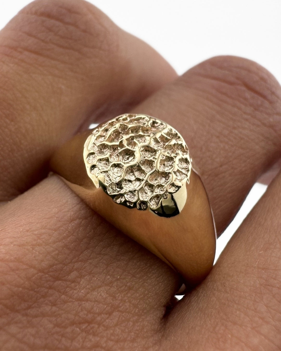 Close up of hand wearing a small gold signet ring with dog's nose print impression
