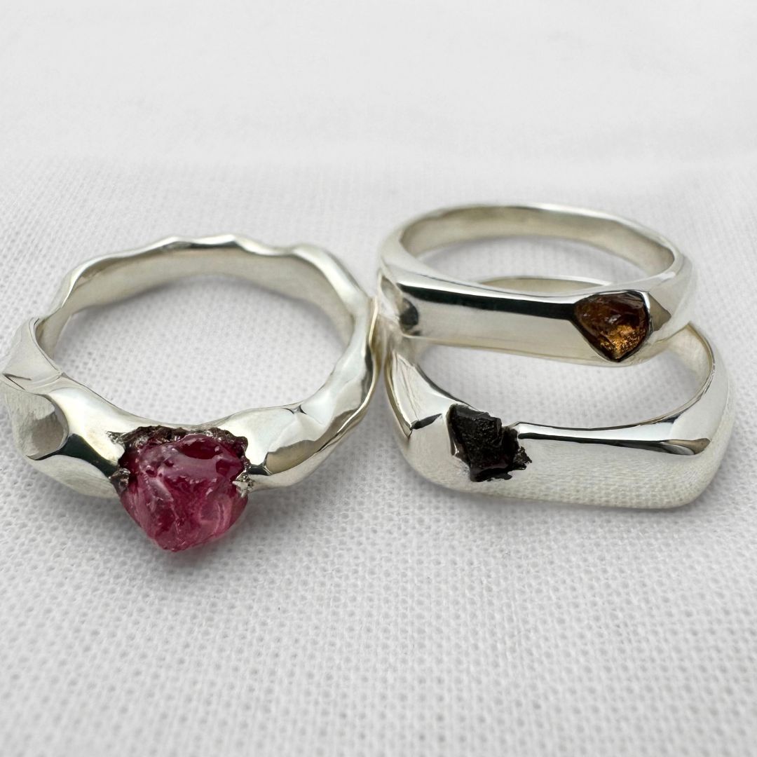 Jagged Carved Ring with Pink Sapphire – Sterling Silver