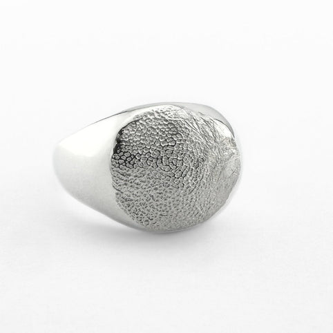 Silver paw print signet ring on light grey background