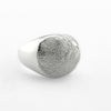 Silver paw print signet ring on light grey background