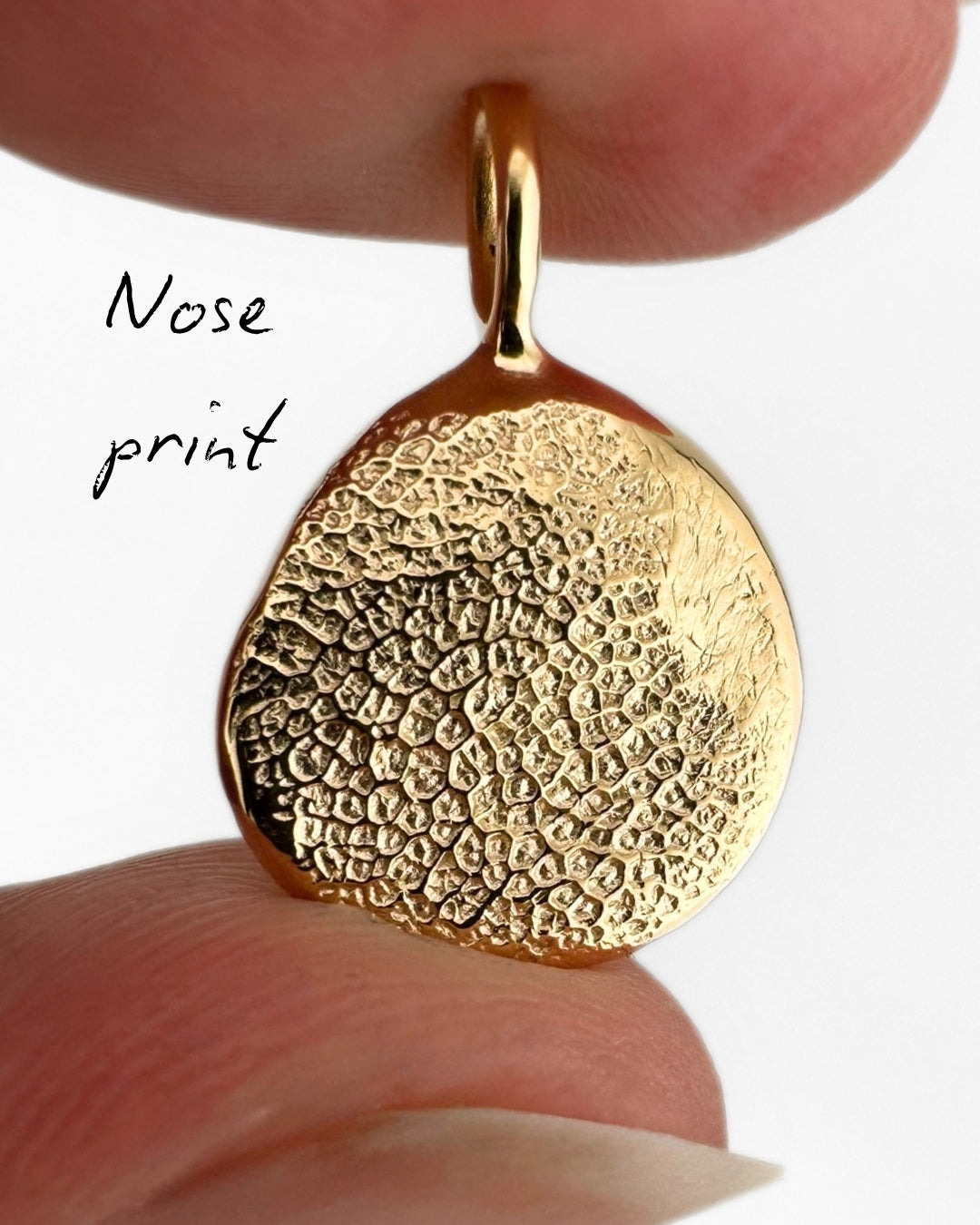 Close up of gold pendant with dog's nose print impression on light grey background