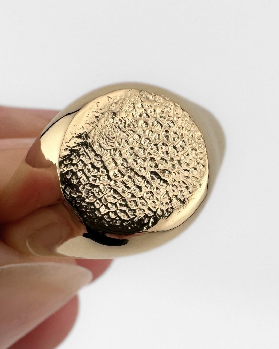 Close up of gold signet ring with dog's nose print impression