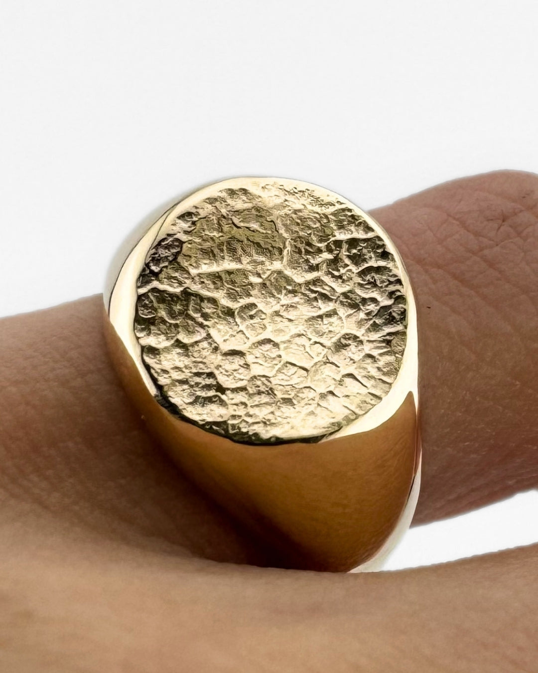 Close up of hand wearing gold signet ring with dog's nose print impression