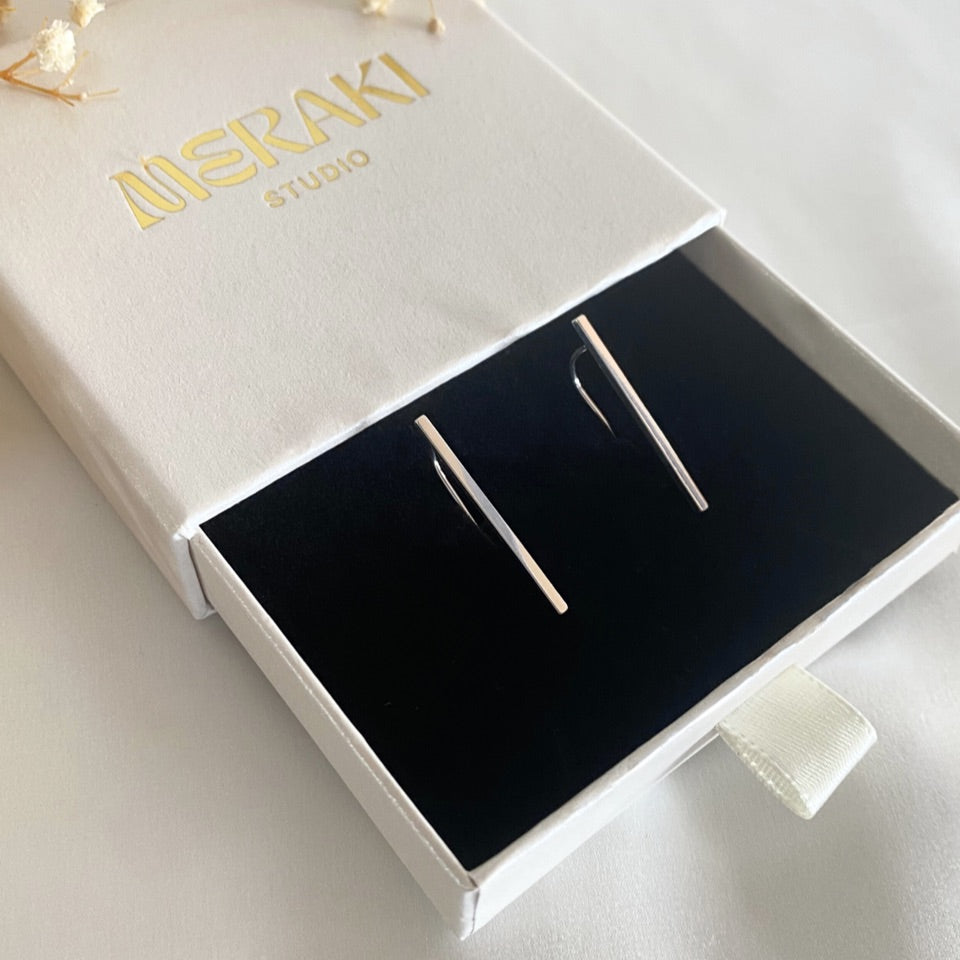 Silver straight line earrings in gift box