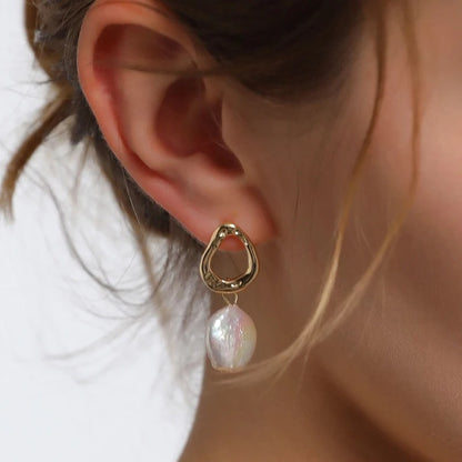 Lady wearing Natural Flat Freshwater Pearl 18k Gold Plated Stud Earrings