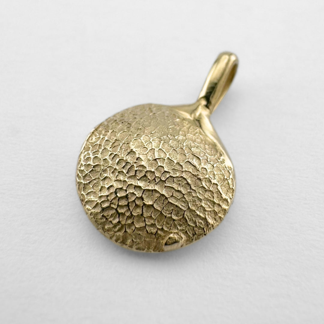 Gold dogs paw print pendant on light grey background