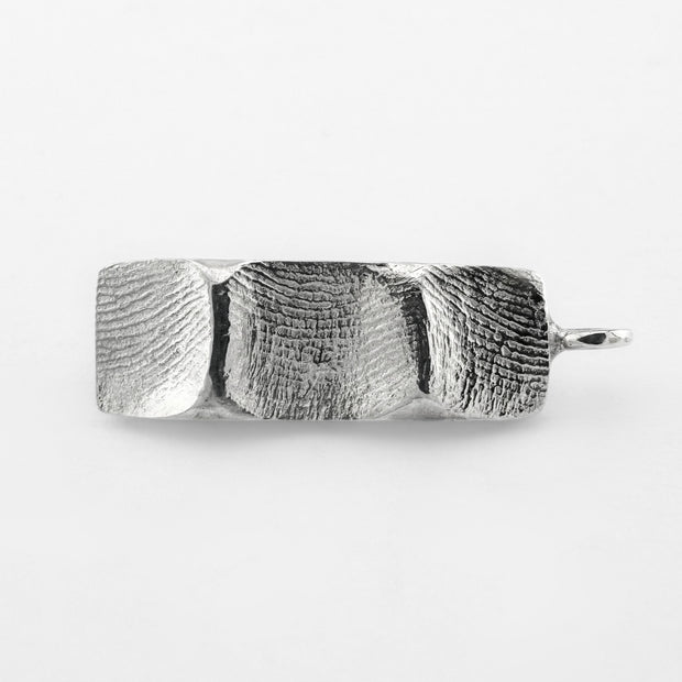 Silver family fingerprint bar pendant on light grey background