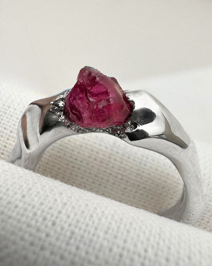 Jagged Carved Ring with Pink Sapphire – Sterling Silver