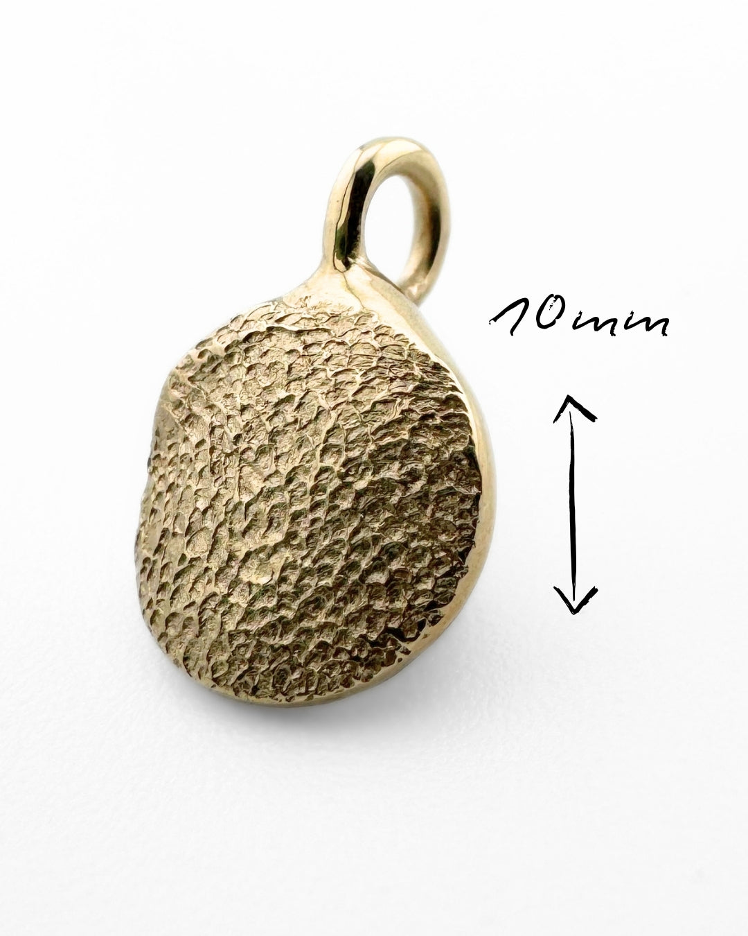 Circular gold pendant with dog's paw print impression on light grey background