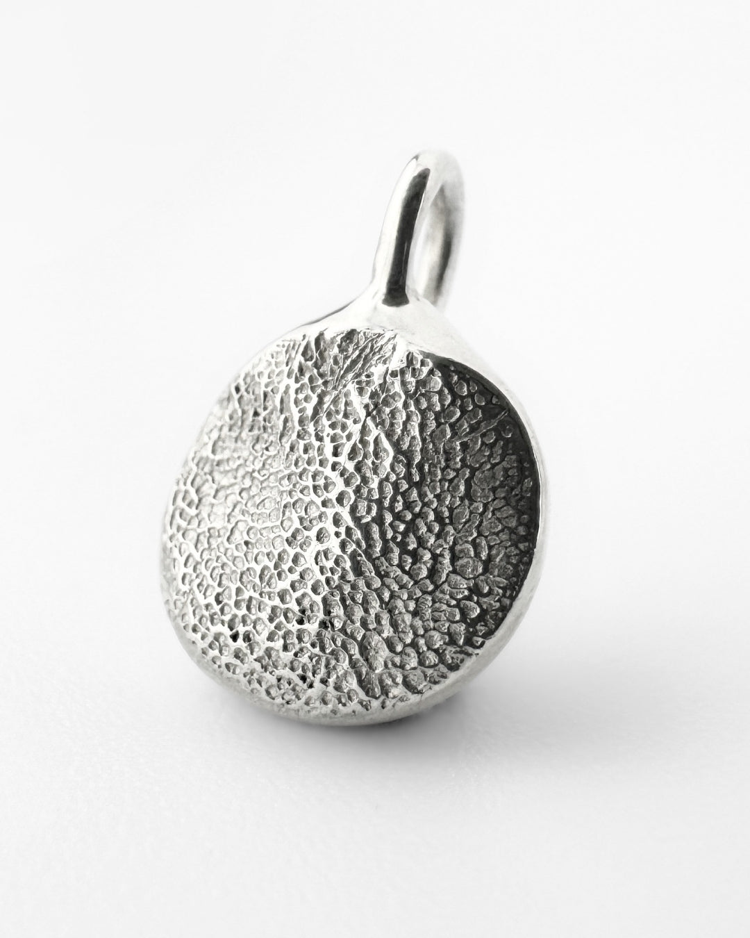 Circular silver pendant with dog's paw print impression on light grey background