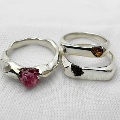Jagged Carved Ring with Pink Sapphire – Sterling Silver