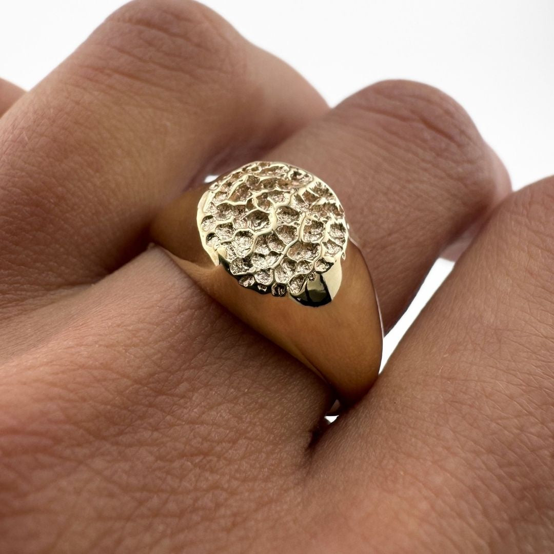 Hand wearing a gold signet ring with dog's nose print impression