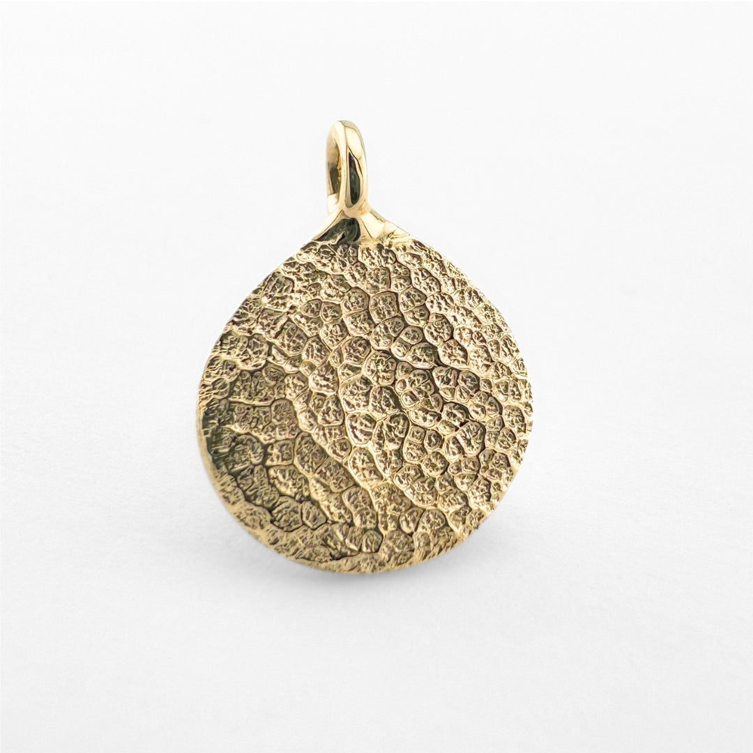 Close up of gold dogs nose print pendant on light grey background