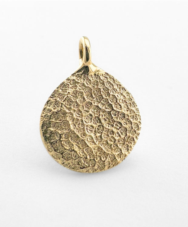 Close up of gold dogs nose print pendant on light grey background