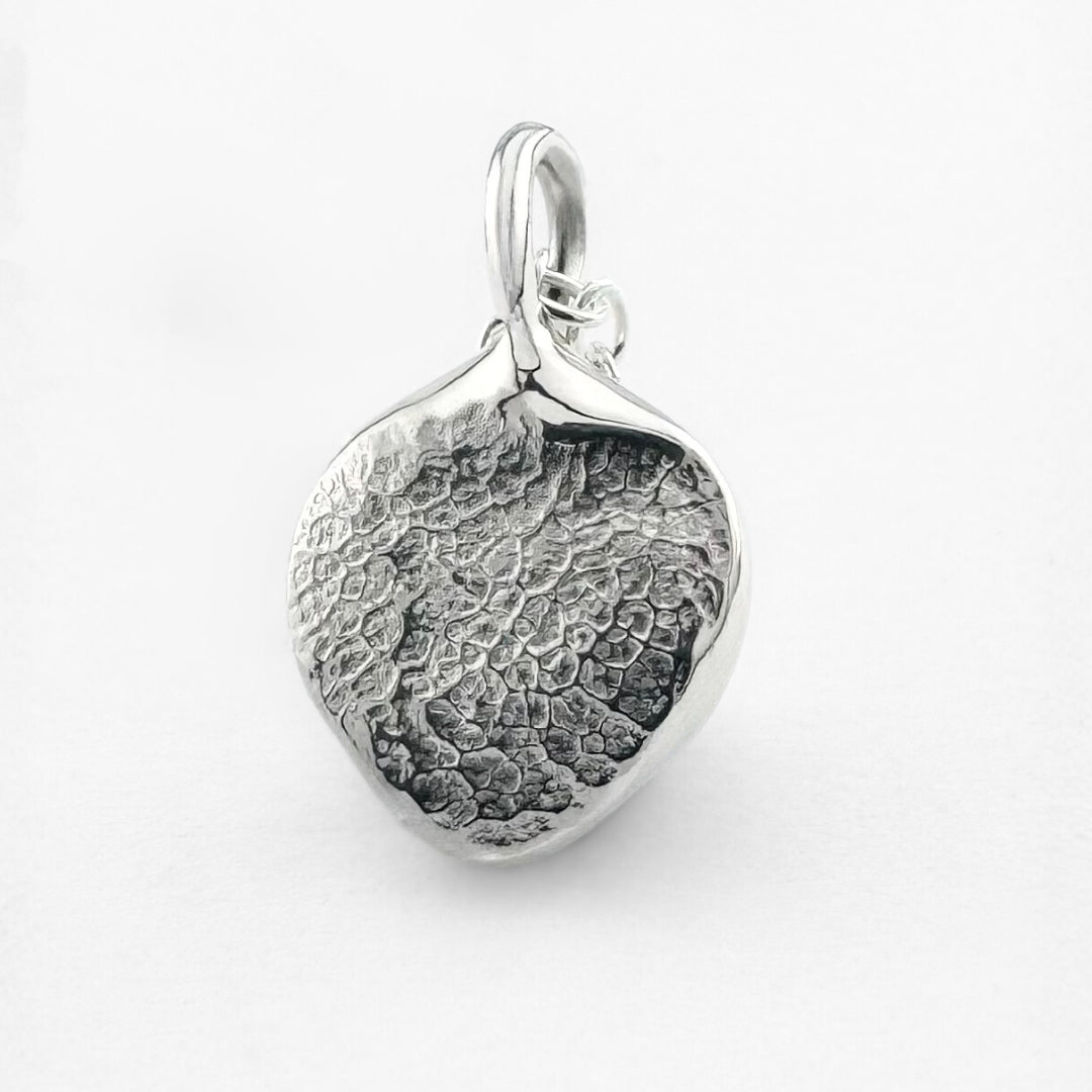 Close up of silver dogs nose print pendant on light grey background