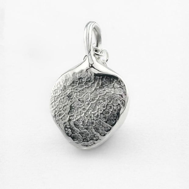 Close up of silver dogs nose print pendant on light grey background