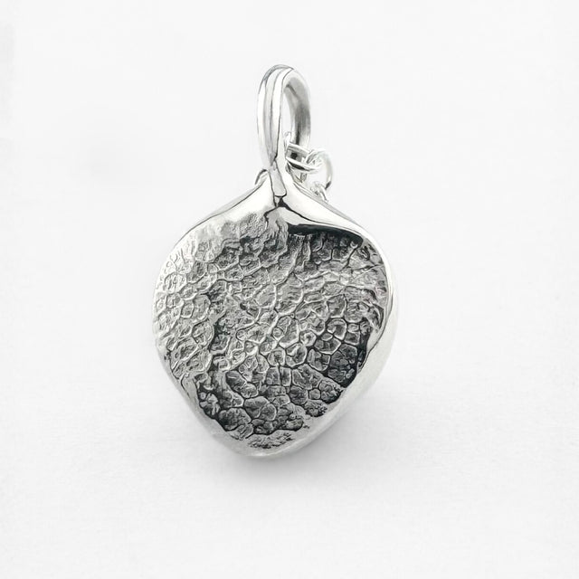Close up of silver dogs nose print pendant on light grey background