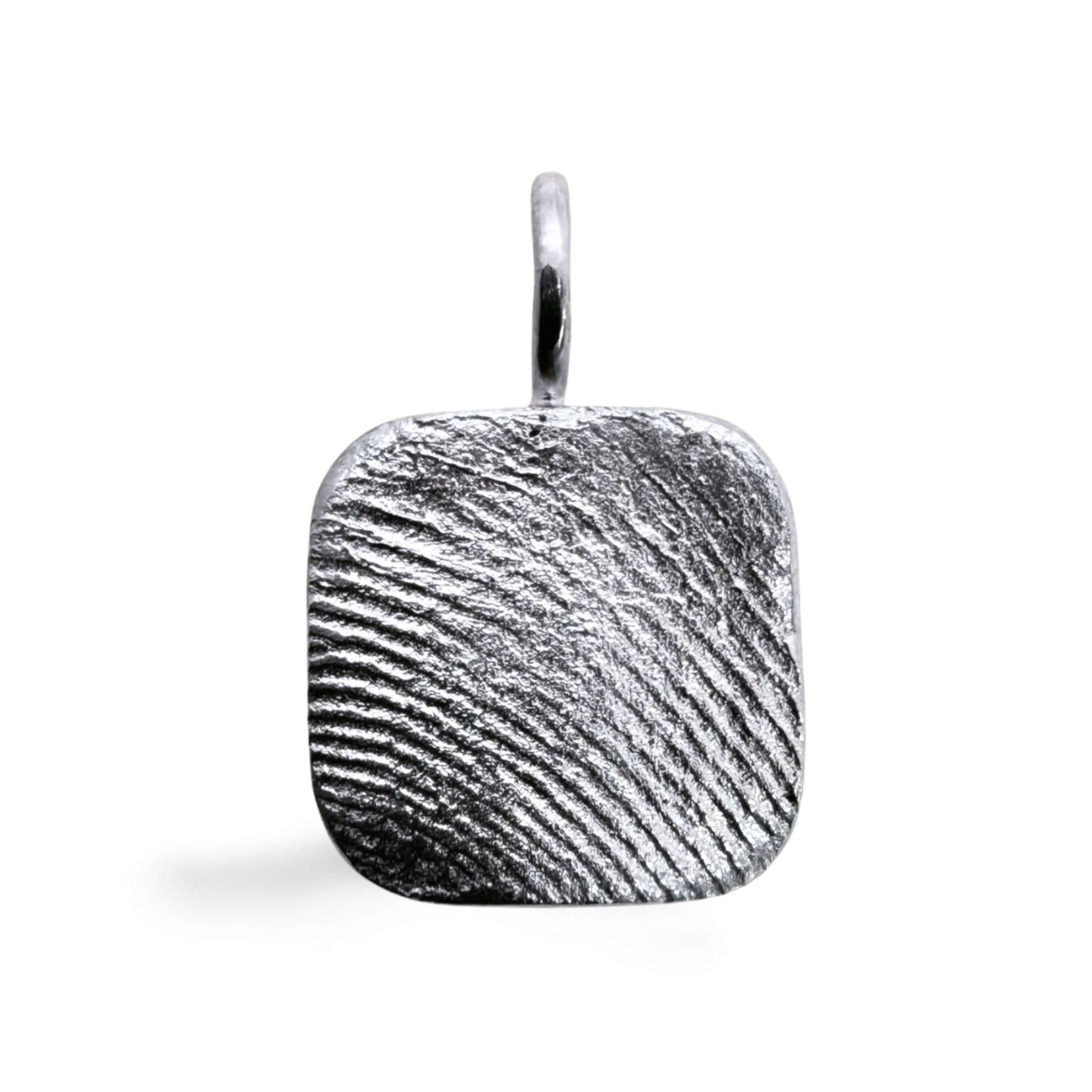 Sterling silver square fingerprint pendant on transparent background