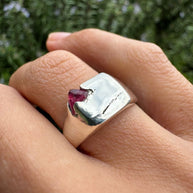 Square silver signet ring with rough sapphire
