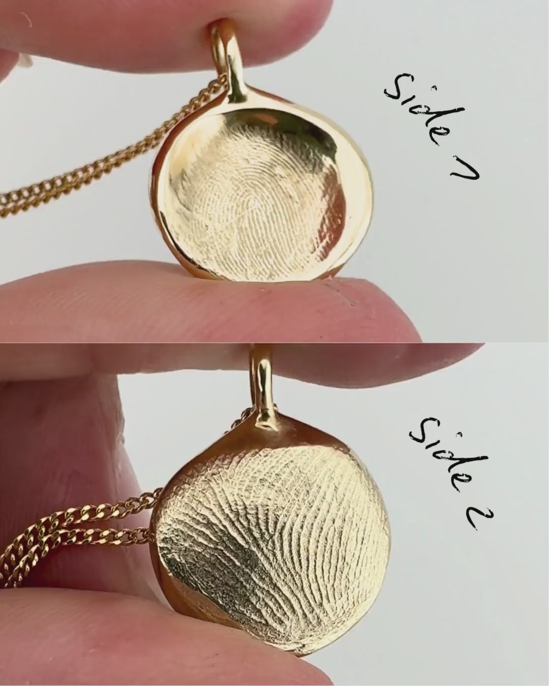 Split screen of the front and back of a double sided gold fingerprint pendant