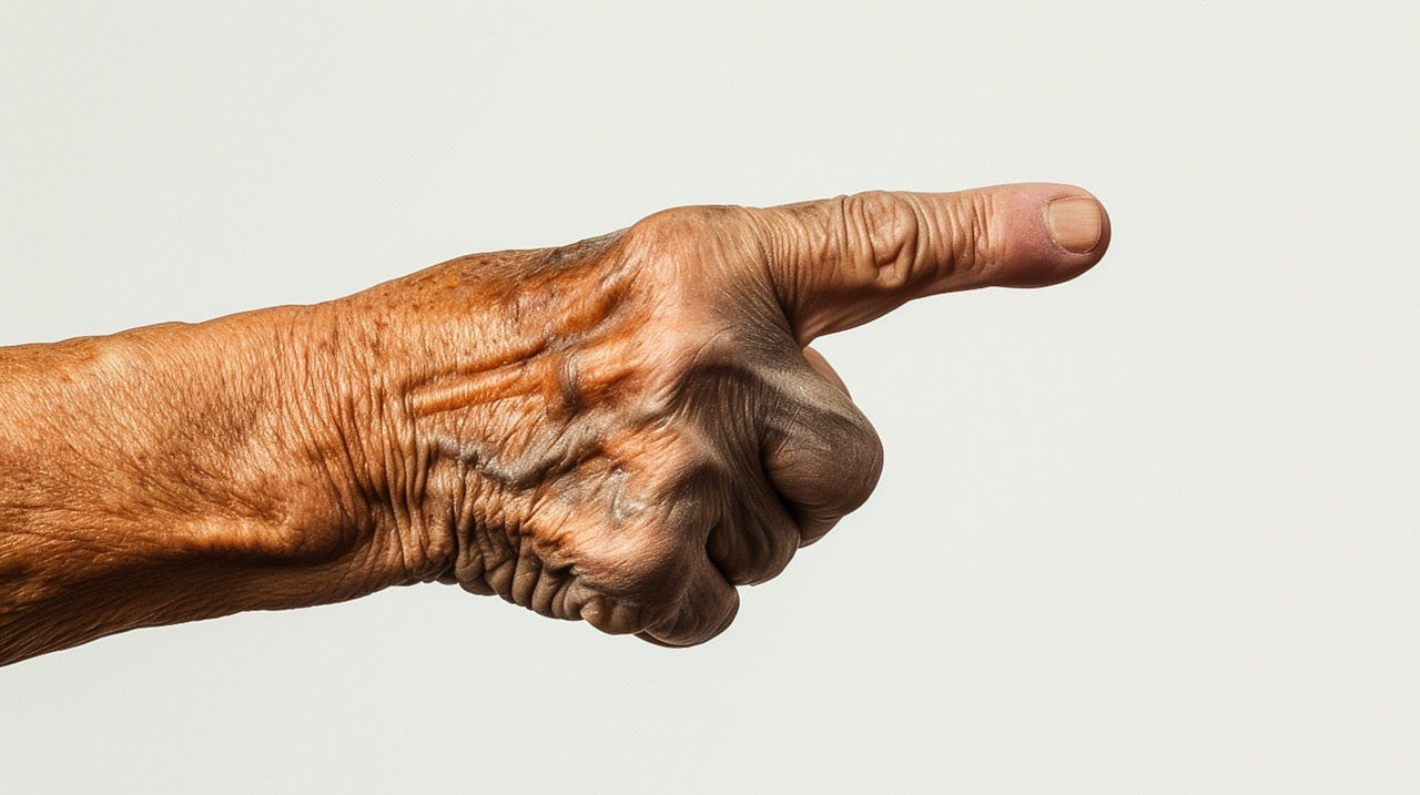 Old persons hand pointing to the right